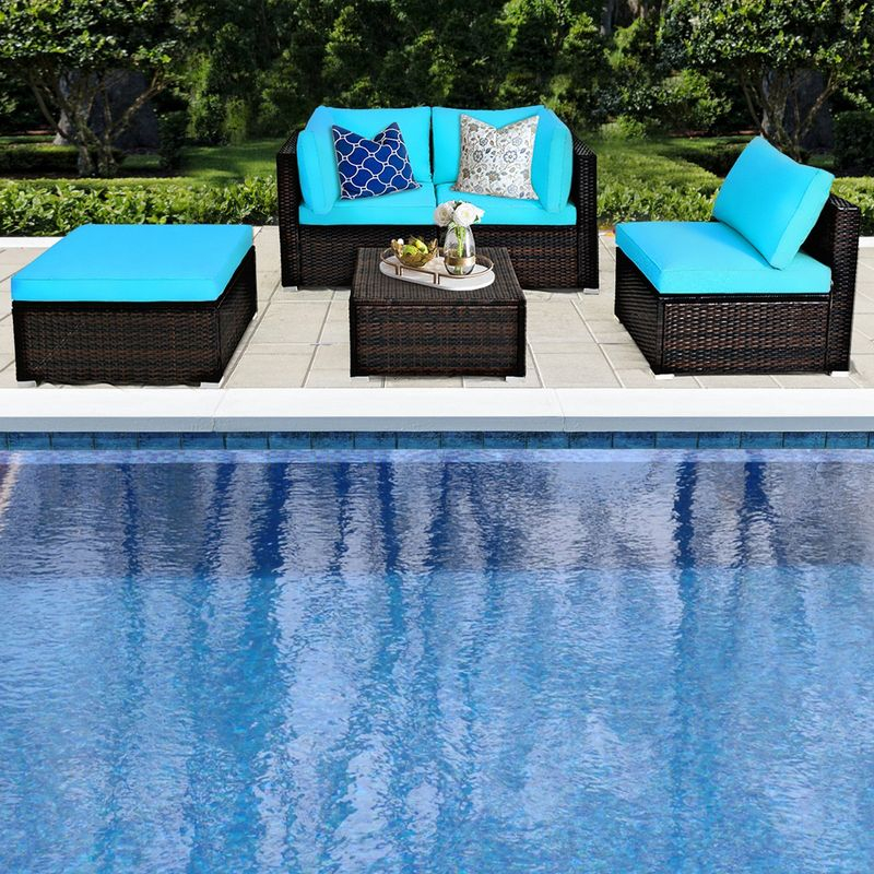 Tangkula 5PCS Cushioned Rattan Patio Conversation Set Outdoor Furniture Set w/ Ottoman