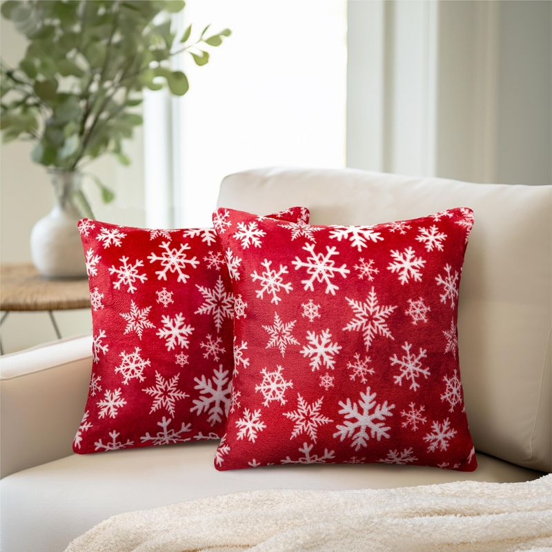 PAVILIA Set of 2 Throw Pillow Covers, Decorative Velvet Square Cushion Cases for Bed Sofa Couch Bedroom Living Room, Snowflake Red/18 x 18