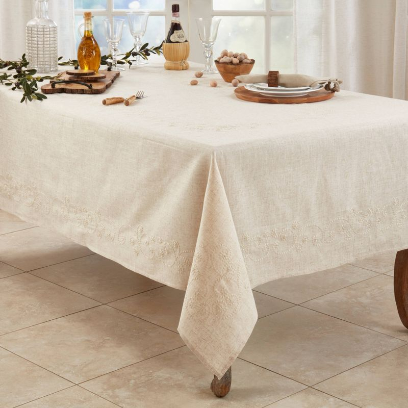 120"x67" Embroidered Swirl Natural Linen Blend Tablecloth: Machine Washable, Saro Lifestyle