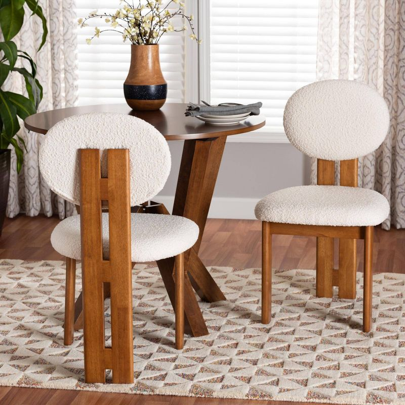 Baxton Studio 2pc Kacela Boucle Fabric and Wood Dining Chair Set Cream/Walnut Brown: Upholstered, Rubberwood Frame