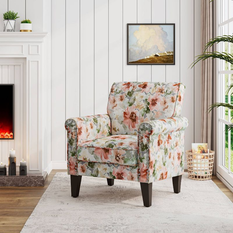 Handy Living Janet Traditional Rolled Accent Armchair with Pewter Nailheads Floral Pattern Orange/Green
