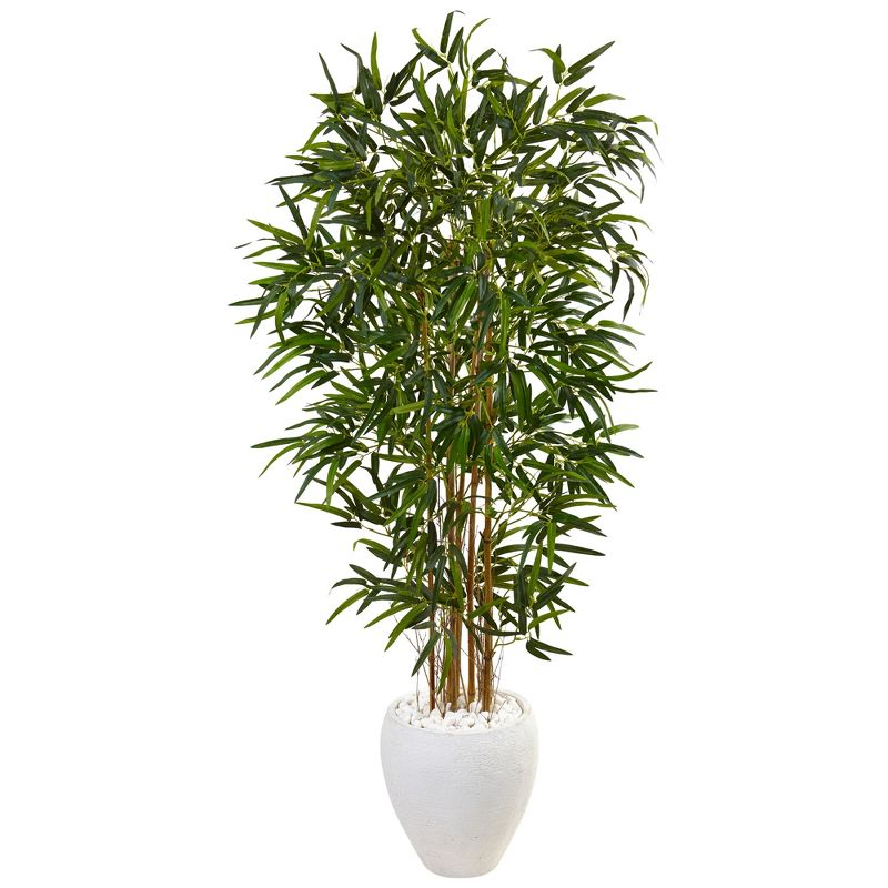 Nearly Natural 5-ft Bamboo Artificial Tree in Oval White Planter