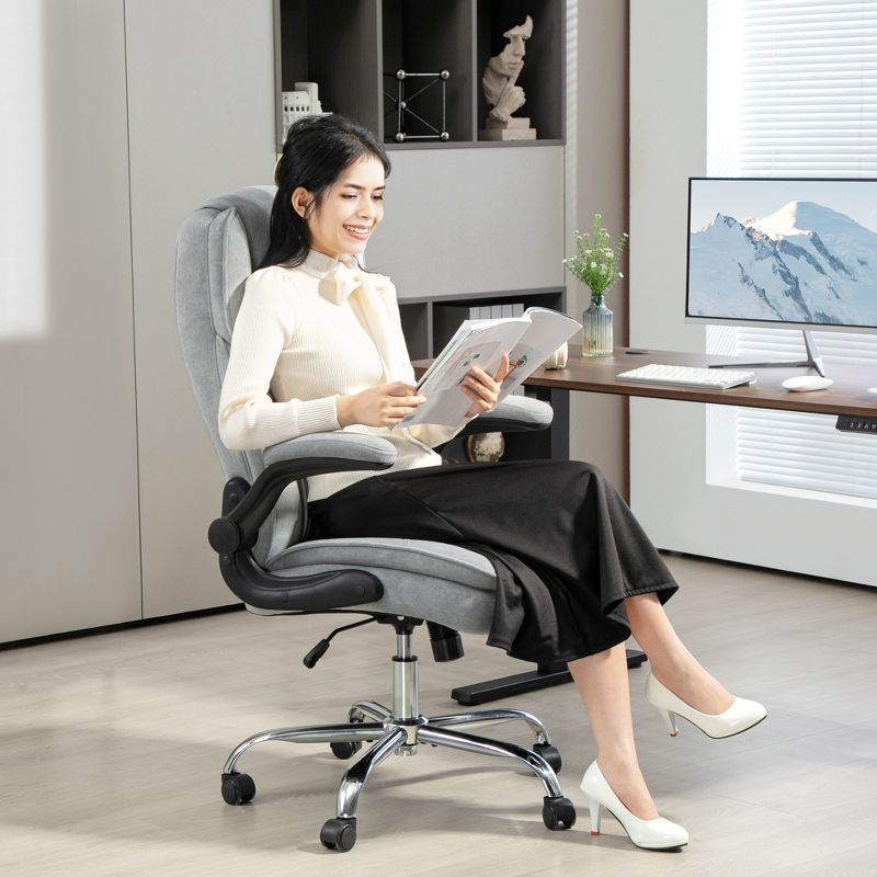 HOMCOM Executive Office Chair, Fabric Comfy Computer Desk Chair with Swivel Wheels, Flip-up Armrest, Adjustable Height, Gray