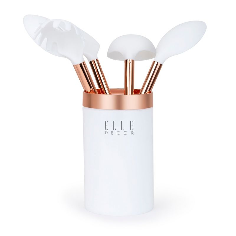 Elle Decor 6-Piece Nylon Silicone Kitchen Utensil Set with Holder Marbled Handles Professional Quality Includes Utensils and Holder