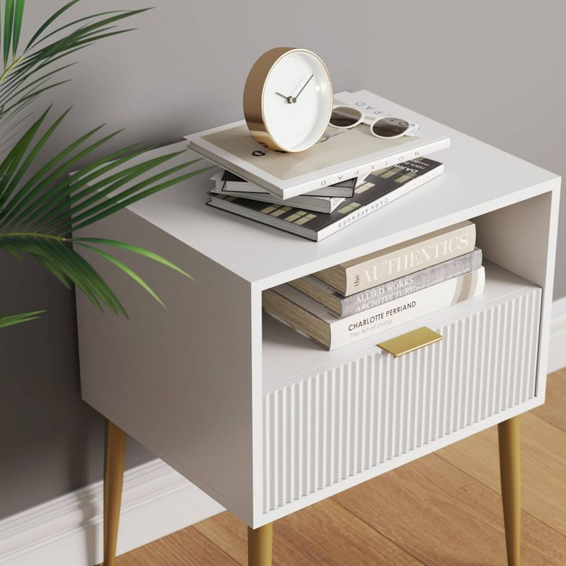 Nathan James Jacklyn Wood Fluted Nightstand with Drawer White: Modern Bedside Table, Laminate Surface