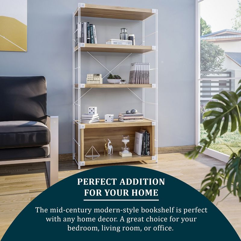 LeisureMod Etagere 4-Shelf Bookcase - White Stainless Steel Frame, Durable Melamine Shelves, Perfect for Living Rooms or Offices, Natural Wood