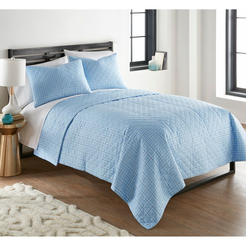 Shavel Home Products Seersucker 6-in-1 Quilt Set, King, Carlton Plaid Blue