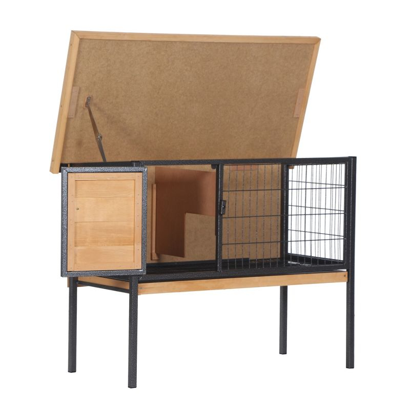 PawHut Rabbit Hutch Elevated Bunny Cage Small Animal Habitat with Metal Frame, Wire Pan, and Asphalt Roof for Indoor/Outdoor Natural Wood