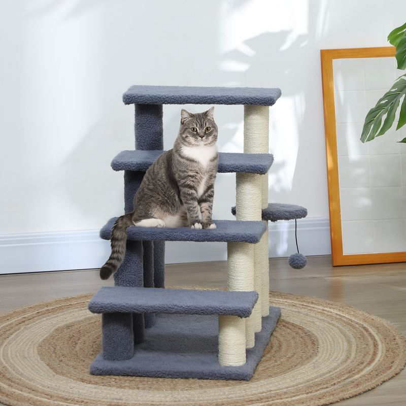 PawHut 4 Levels Cat Steps, Pet Stairs Carpeted Ladder, Kitten Tree Climber with Scratching Posts, Hanging Play Ball, Side Step, Gray
