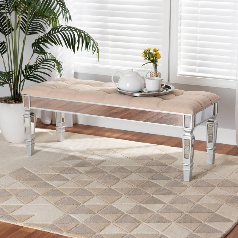 Hedia Fabric Upholstered and Wood Accent Bench Beige/Silver - Baxton Studio: Mirrored Glass, Foam-Padded, Button-Tufted