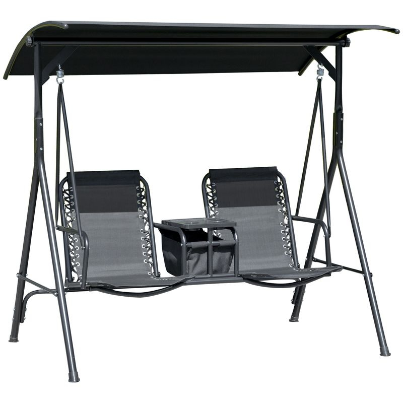 Outsunny 2 Person Porch Swing with Canopy, Covered Patio Swing with Pivot Storage Table, Cup Holder, & Adjustable Overhead Canopy, Black