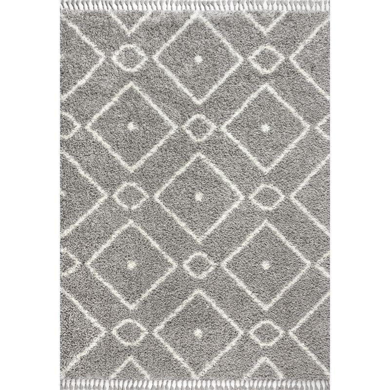 5'x8' Mercer Shag Plush Tassel Moroccan Diamond Area Rug, Grey/Cream - JONATHAN Y
