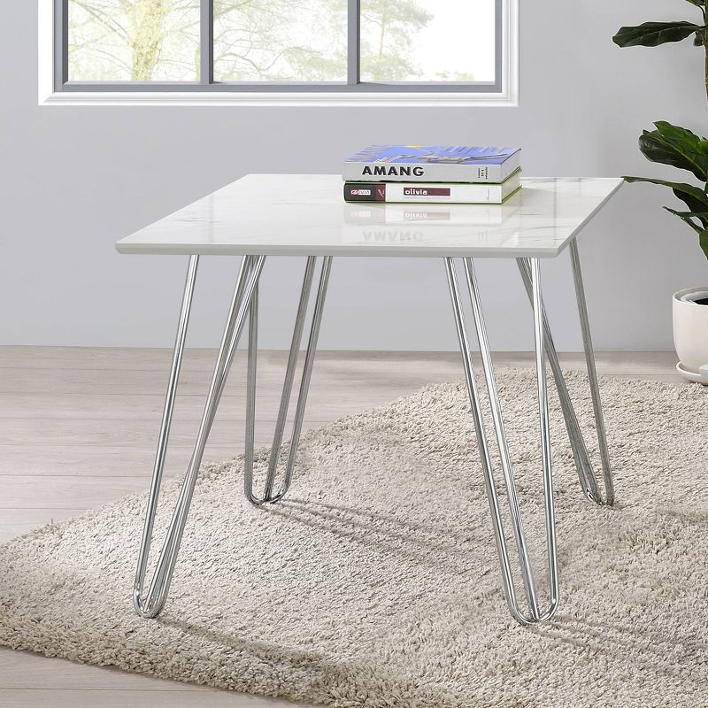 Coaster Harley Square End Table with Faux Marble Top White/Chrome: Steel Frame, Non-Slip Glider Legs, Modern Design