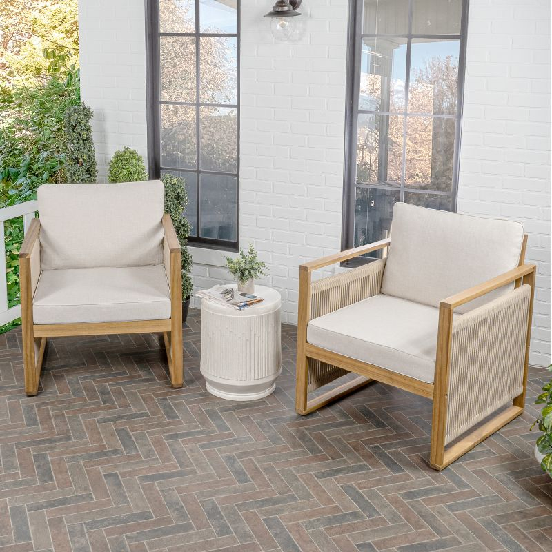 Gable Mid-Century Modern Roped Acacia Wood Outdoor Patio Chair with Cushions, Beige/Light Teak (Set of 2) - JONATHAN Y
