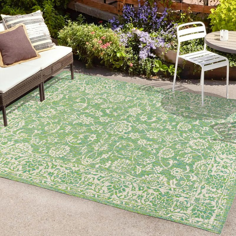 9' x 12' Tela Bohemian Textured Weave Floral Indoor/Outdoor Area Rug, Cream/Green - JONATHAN Y
