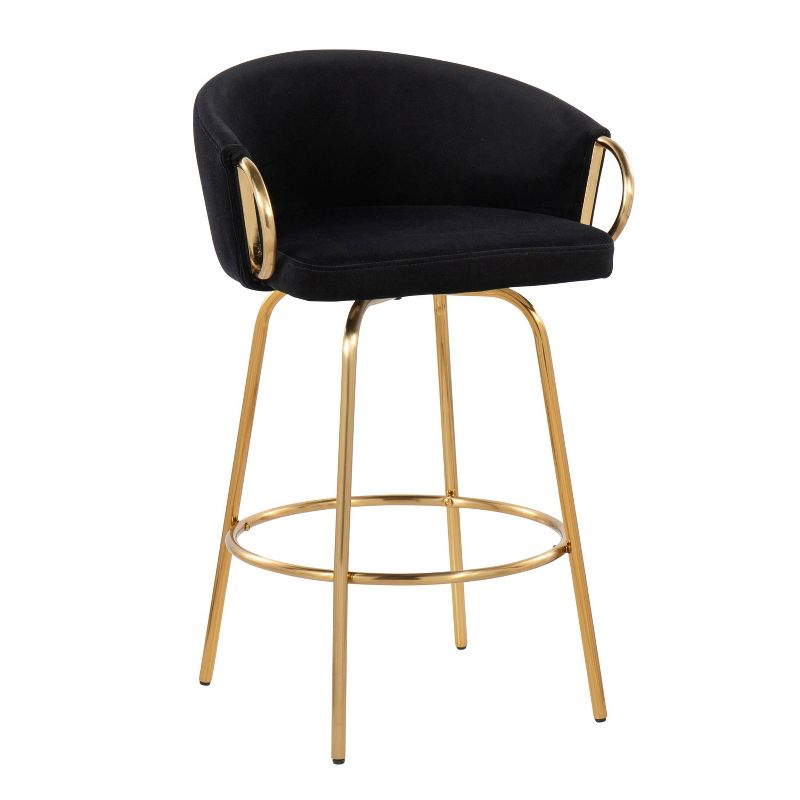 Set of 2 Claire Upholstered Counter Height Barstools Black/Gold - LumiSource: Velvet, Swivel, Low Back, Steel Legs