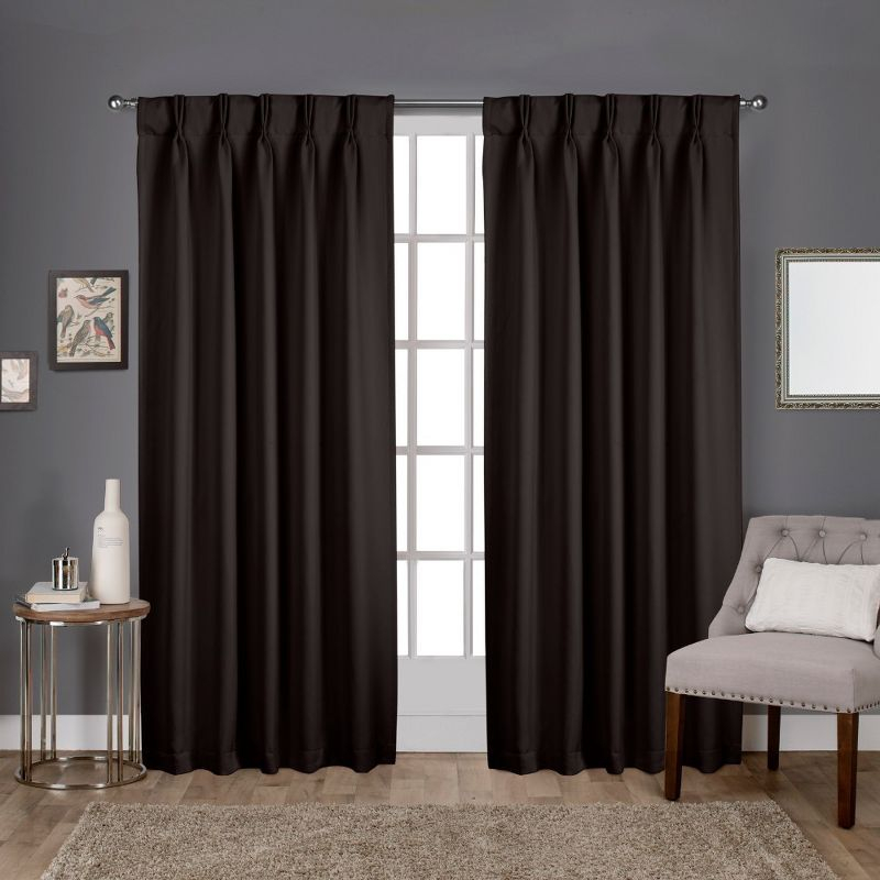 Set of 2 84"x52" Sateen Pinch Pleat Woven Blackout Back Tab Window Curtain Panel Brown: Thermal Insulated, Room Darkening