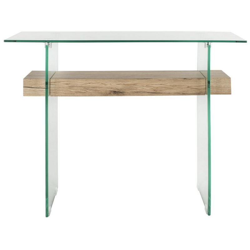 Kayley Rectangular Modern Glass Console Table - Glass/Natural Wood Shelf - Safavieh
