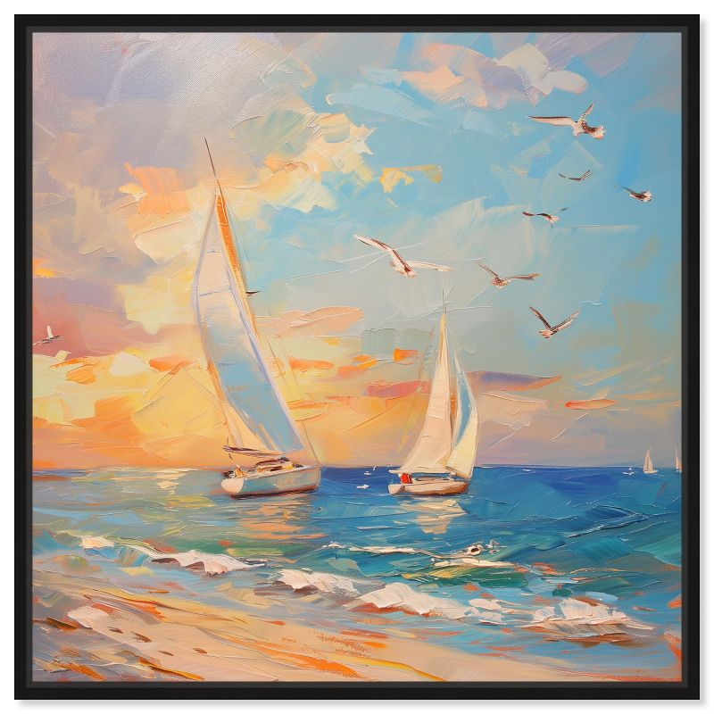 Art Remedy Sailboats in the Sunset Chic Coastal Wall Art, 30" x 30", Black Frame