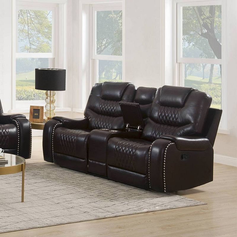 78" Braylon Active Sitting Chair Brown PU - Acme Furniture: Loveseat with Console & Cup Holders