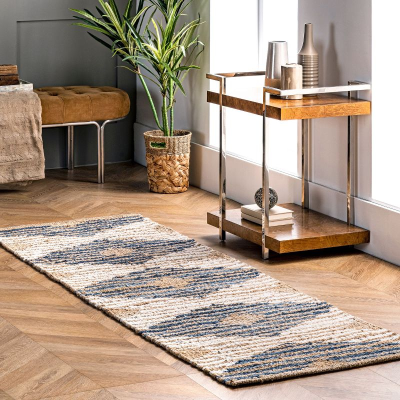 nuLOOM Hand Braided Marla Denim And Jute Diamonds Area Rug, Runner 2' 6" x 10', Off White