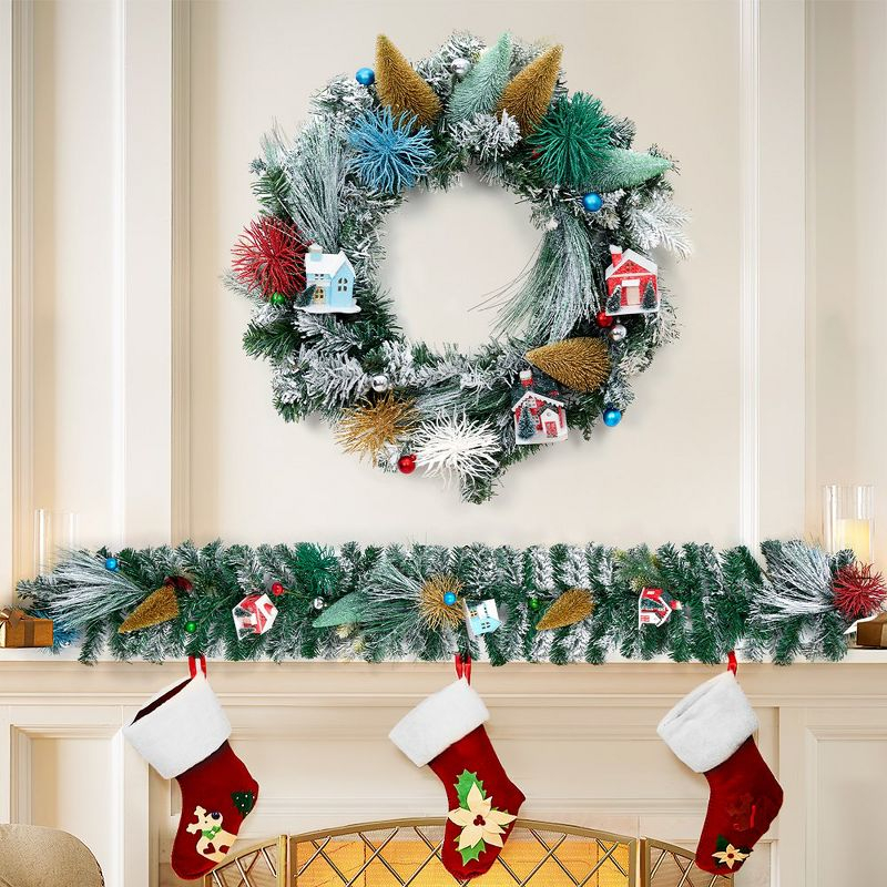 24 Inch Christmas Wreaths for Front Door, Xmas Village Wreath with Tree and Little House Decorations