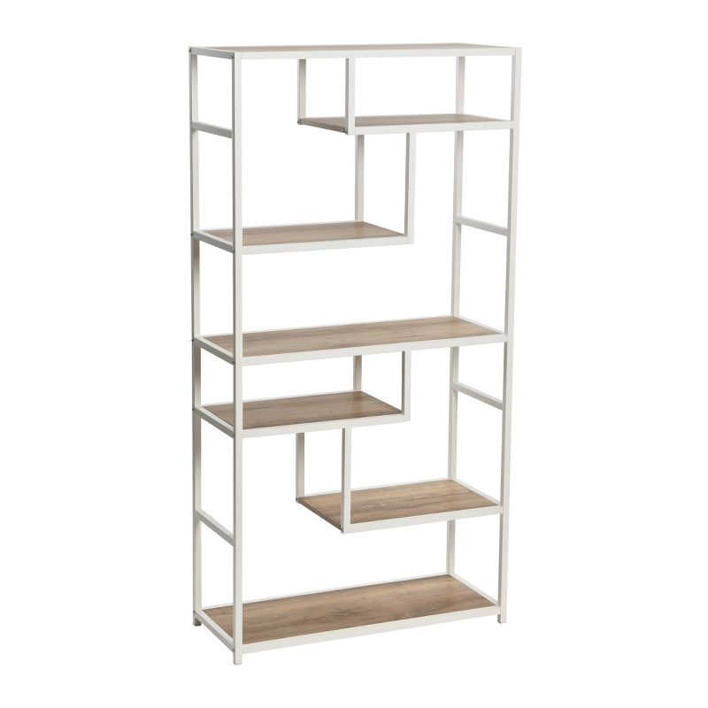 Household Essentials Jamestown Tall 6 Shelf Open Storage Bookshelf Coastal Oak Rustic Wood Grain and White Metal