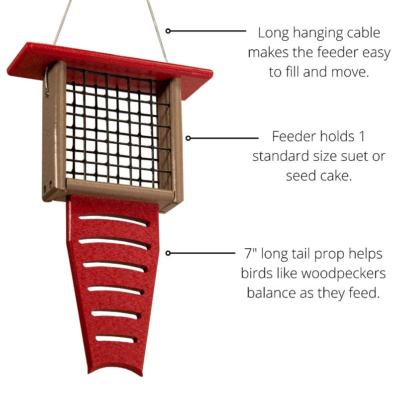 JCs Wildlife Red/Tan Recycled Poly Lumber Single Suet Feeder Tail Prop Bird Feeder - Holds 1 Suet Cake - Long Lasting Suet Cage Feeder