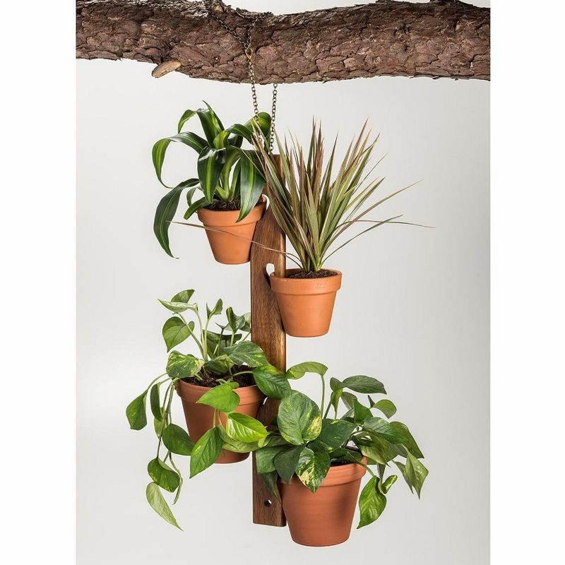 Kalmar Home Solid Acacia wood 4 Pot Hanging Plant Holder with chain