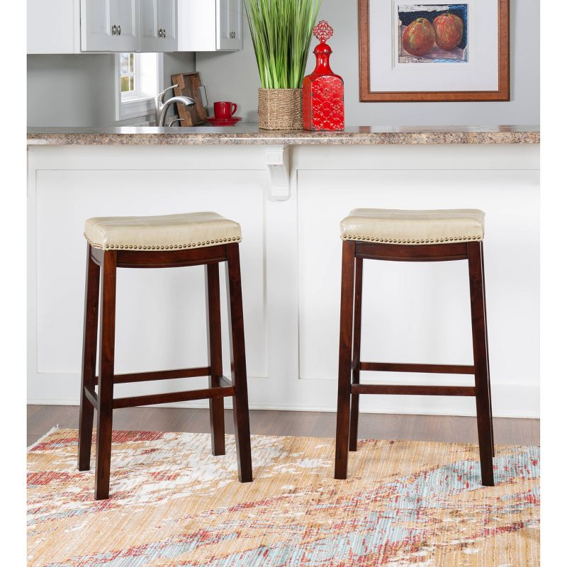Set of 2 Claridge Faux Leather Nailhead Backless Saddle Barstools Beige - Linon: Upholstered, Rubberwood Legs, Footrest