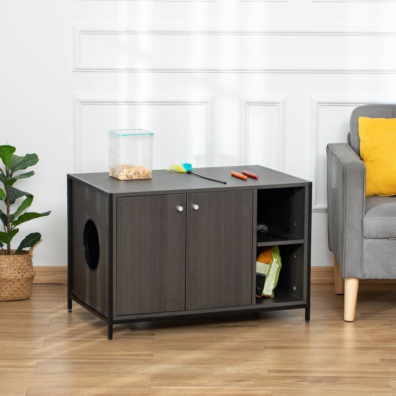 PawHut Large Wooden Cat Litter Box Enclosure, Multipurpose Anti-Tracking Pet Kitten House, Indoor End Table with Magnetic Doors Storage Shelves, Black