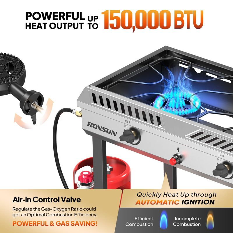 ROVSUN 2 Burner Outdoor Propane Gas Stove with Ignition, Regulator & Shelf, 150,000 BTU Powerful Cooker for Backyard Patio Cooking Home Canning Frying