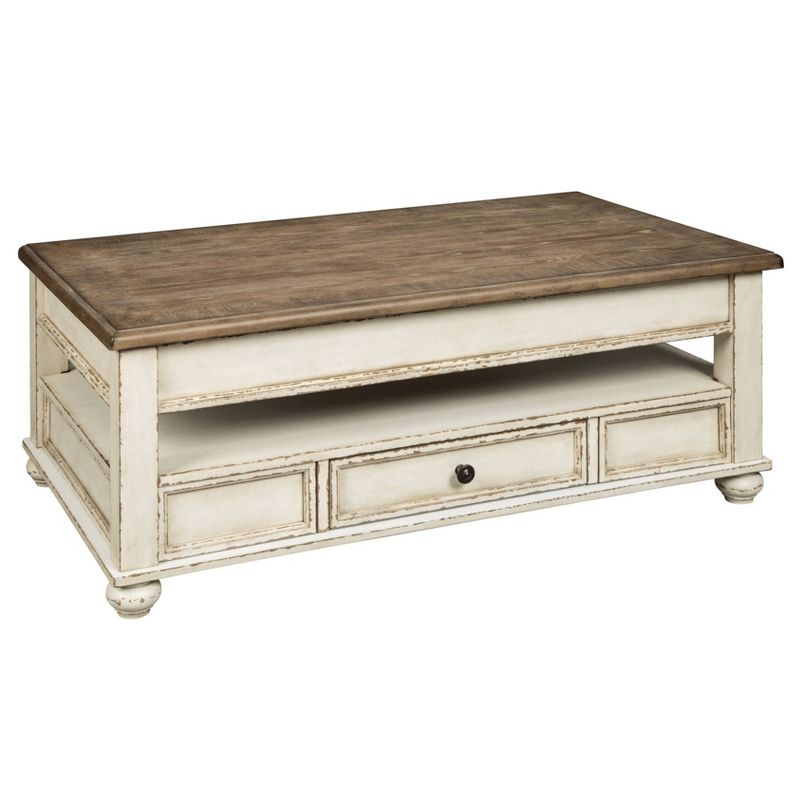 Realyn Coffee Table with Lift Top White/Brown - Signature Design by Ashley: Mid-Century Style, Storage, Wood Legs
