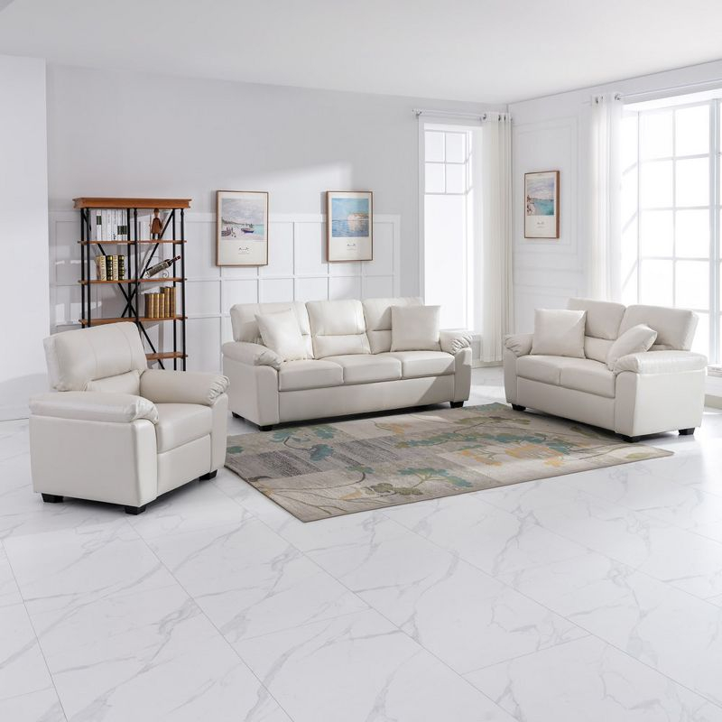 6 seater  Living Room Sofa Loveseat Set Comfortable Faux Leather Couch with Pillows White-Morden Fort