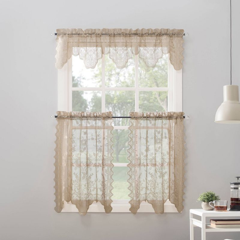 2pc 58"x24" No. 918 Sheer Alison Floral Lace Rod Pocket Kitchen Curtain Tier Pair Beige: Kitchen Window Curtains