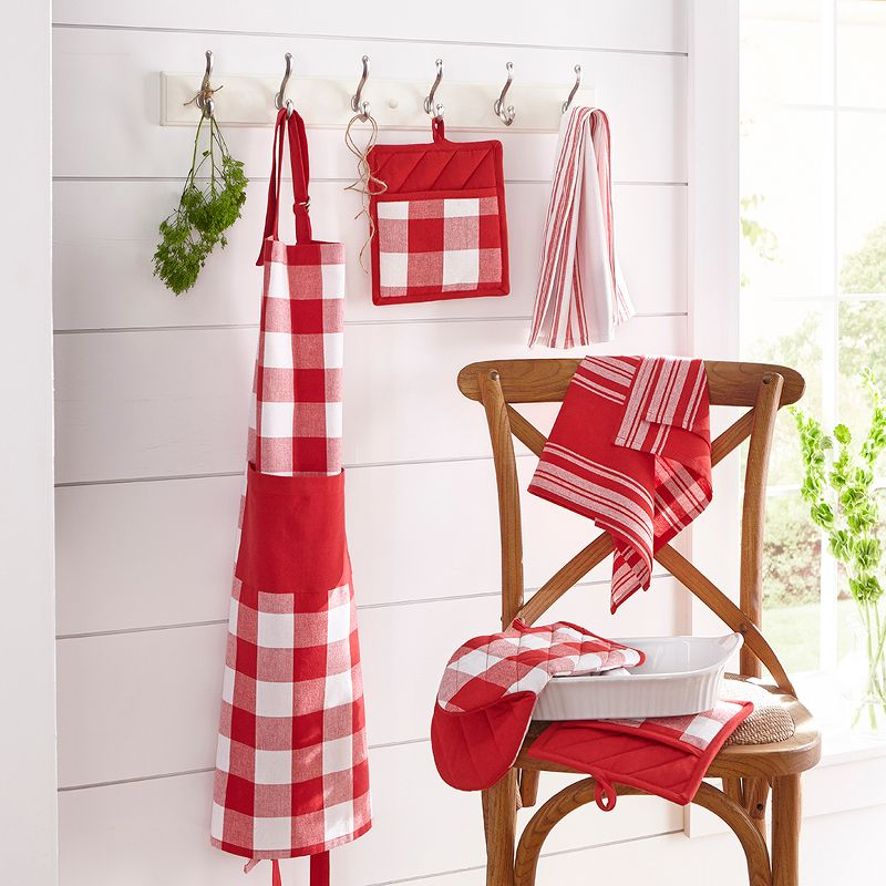 Farmhouse Living Stripe and Check Kitchen Towels, Set of 3 - 17" x 28" - Red/White - Elrene Home Fashions