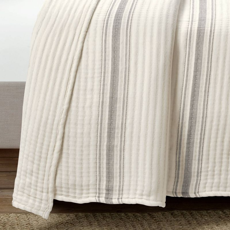 Full/Queen Farmhouse Stripe Kantha Pick Sti Thread Counth Yarn Dyed Woven Single Quilt/Coverlet Gray - Lush Décor