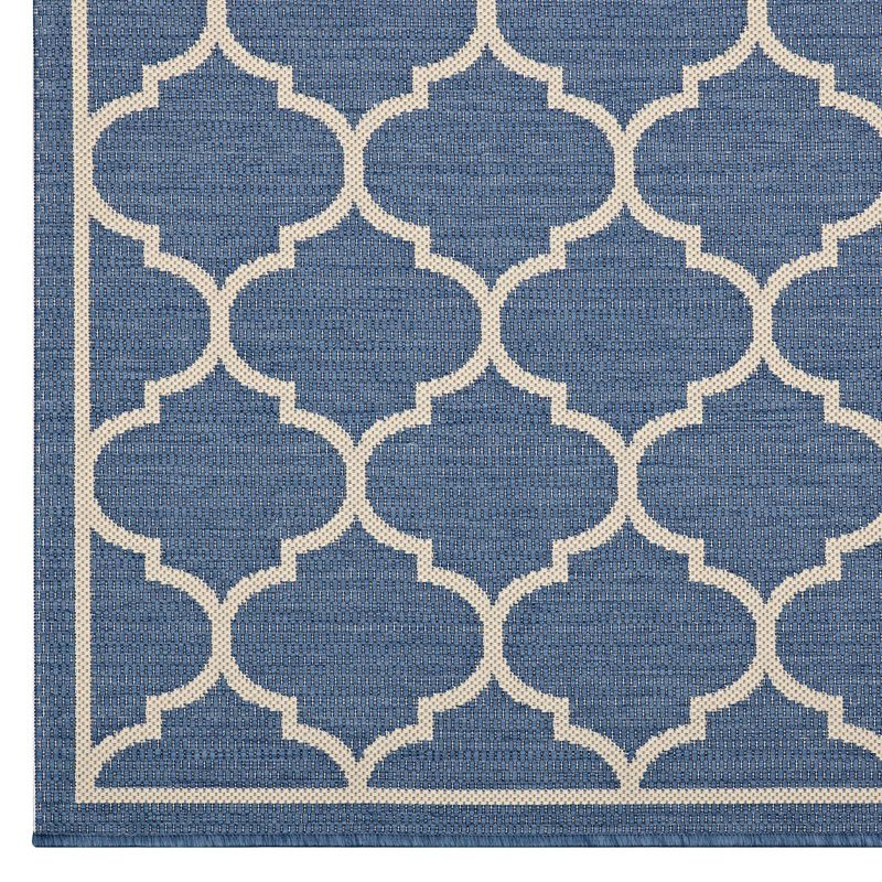 Modway Avena Moroccan Quatrefoil Trellis 8x10 Indoor and Outdoor Area Rug - Blue and Beige,  100% Soft Polypropylene ,  Tight Low Pile Weave