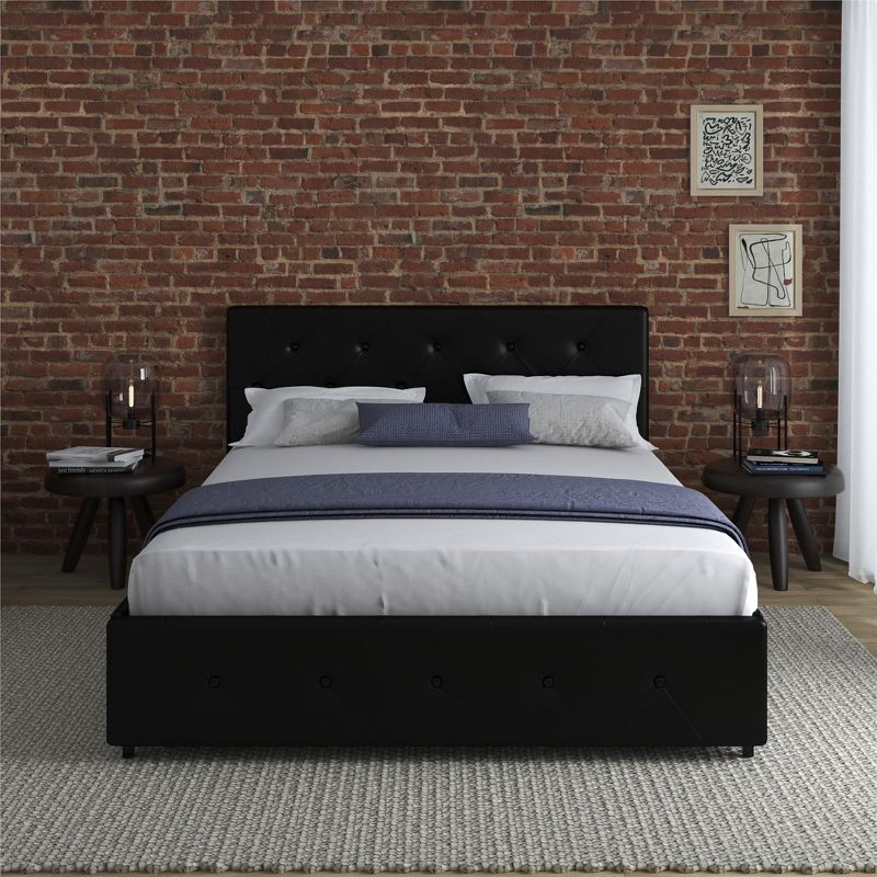 DHP Dakota Upholstered Bed with Storage Drawers, Black Faux Leather, Queen