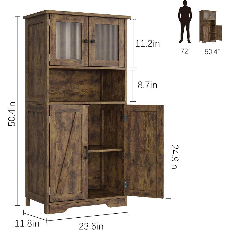 Freestanding Floor Linen Storage Cabinet with Glass Doors & Adjustable Shelves, Standing Cupboard for Bathroom, Kitchen, Living Room, Vintage