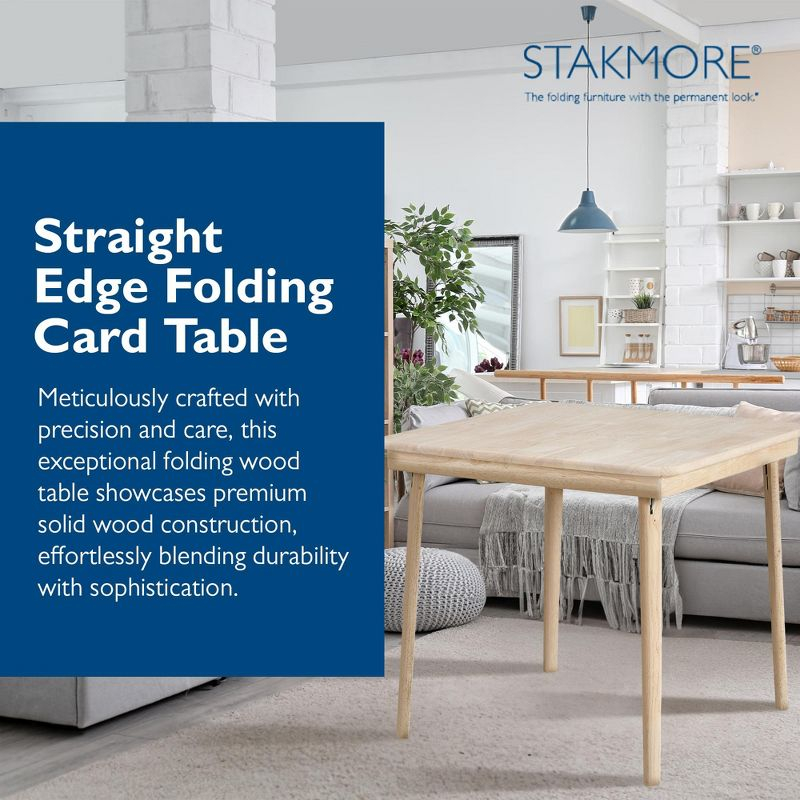 Stakmore Straight Edge Solid Wood Folding Card Table, Folds to Deep 3.38 Inches for Easy Storage, 29.5″H x 32″W x 32″D, Unfinished