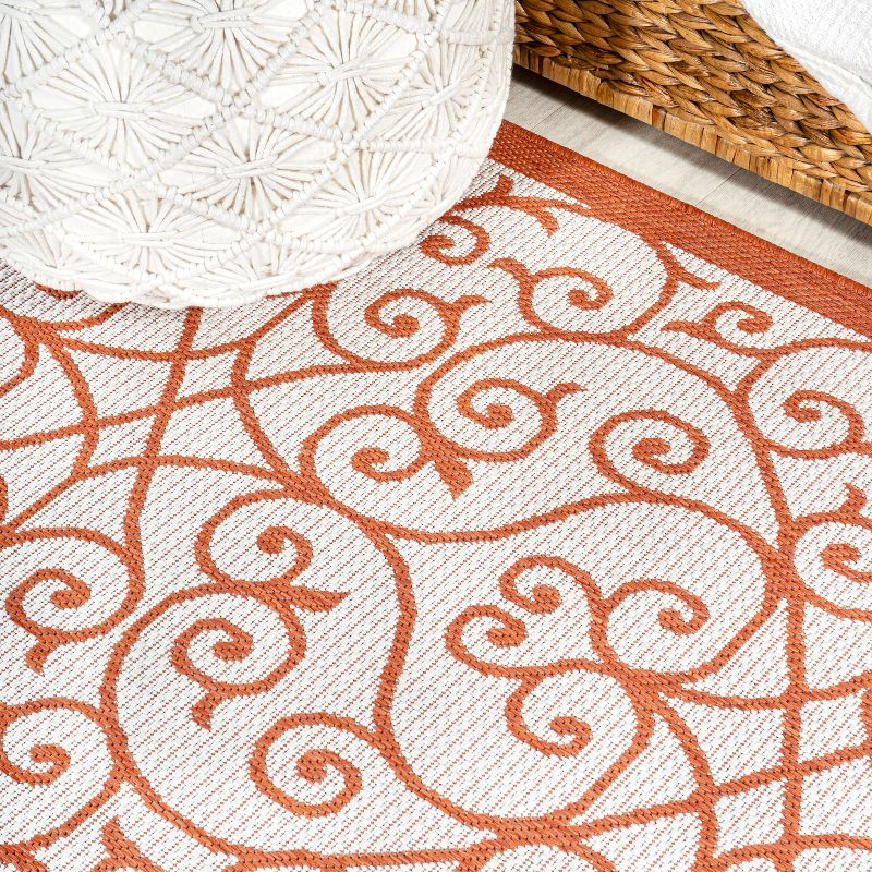 2' x 10' Madrid Vintage Filigree Textured Weave Indoor/Outdoor Runner Rug, Cream/Orange - JONATHAN Y