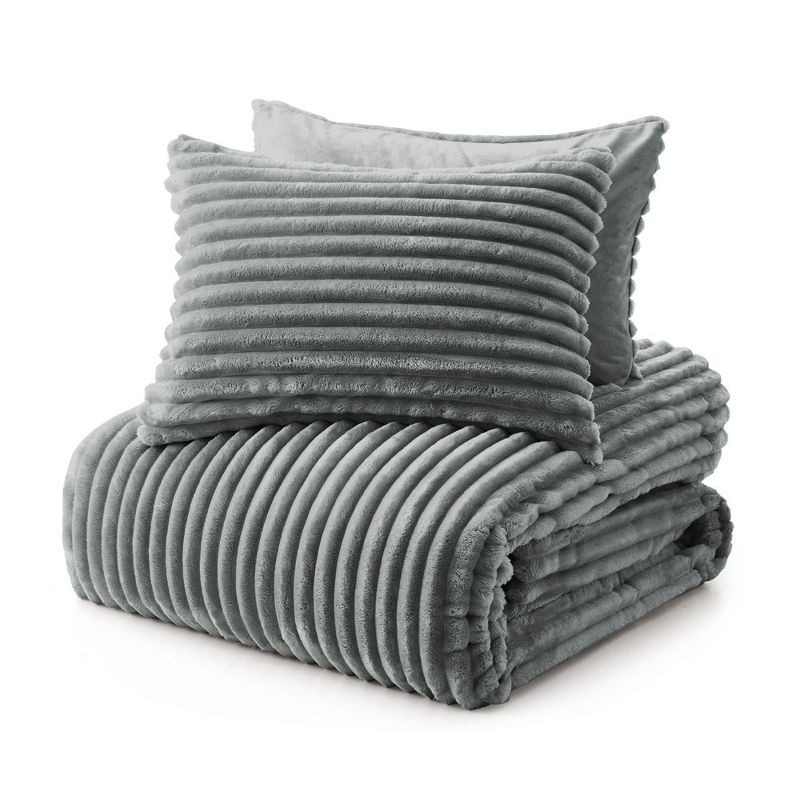 Peace Nest Flannel Fleece Plush Fuzzy Comforter Set Fluffy Bedding Set with 2 Pillowcases, Dark Grey, Queen