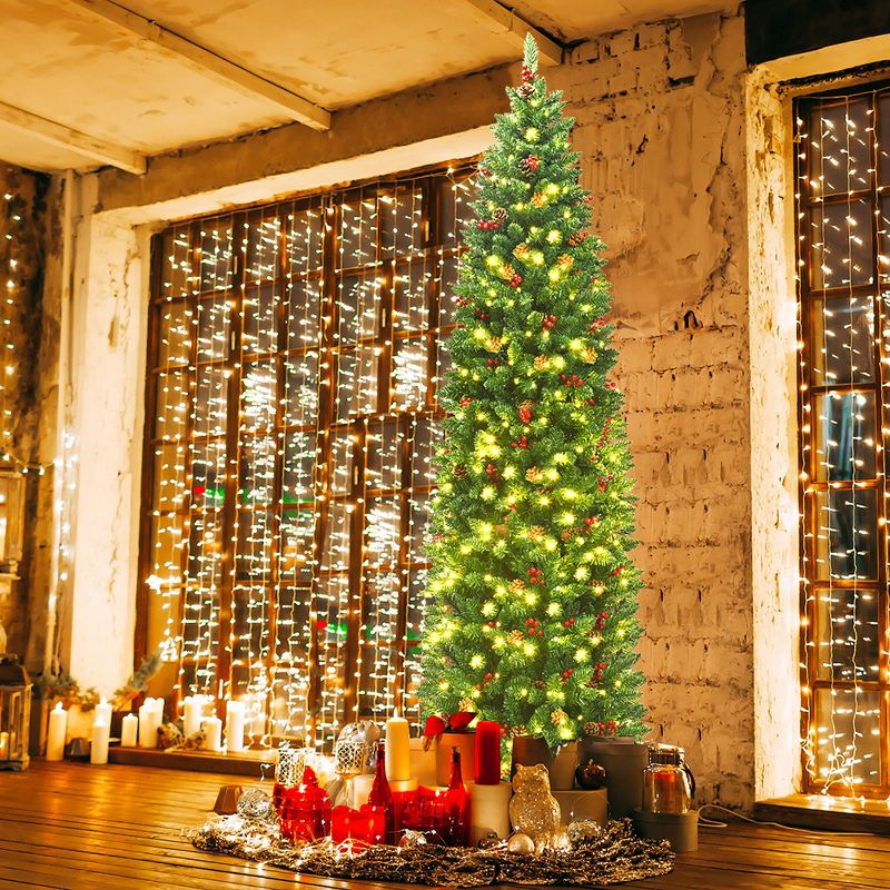 Costway 7.5Ft Pre-lit Hinged Pencil Christmas Tree w/Pine Cones Red Berries & 350 Lights