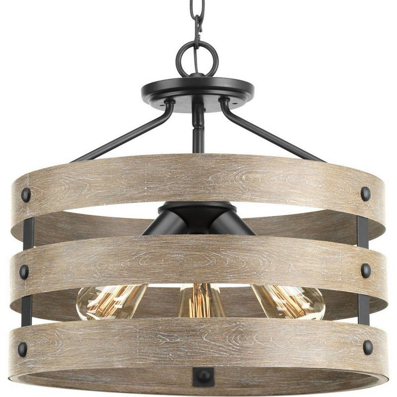Progress Lighting Gulliver 3-Light Semi-Flush Convertible Ceiling Light, Graphite, Wood Grained Texture