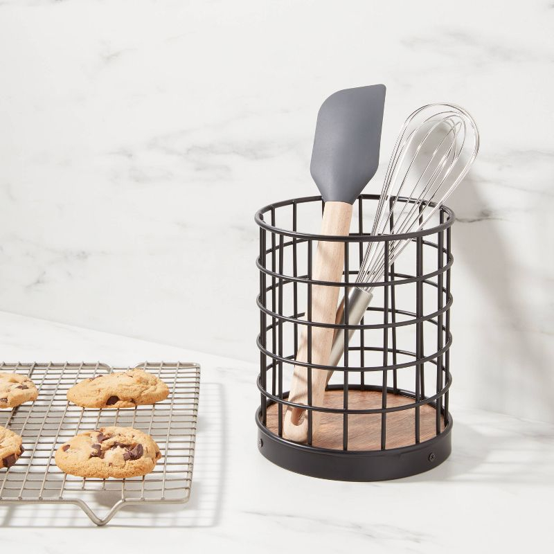 Iron and Mangowood Wire Utensil Holder Black - Threshold™: Kitchen Utensil Caddy, Silverware Storage, 6.6" Height