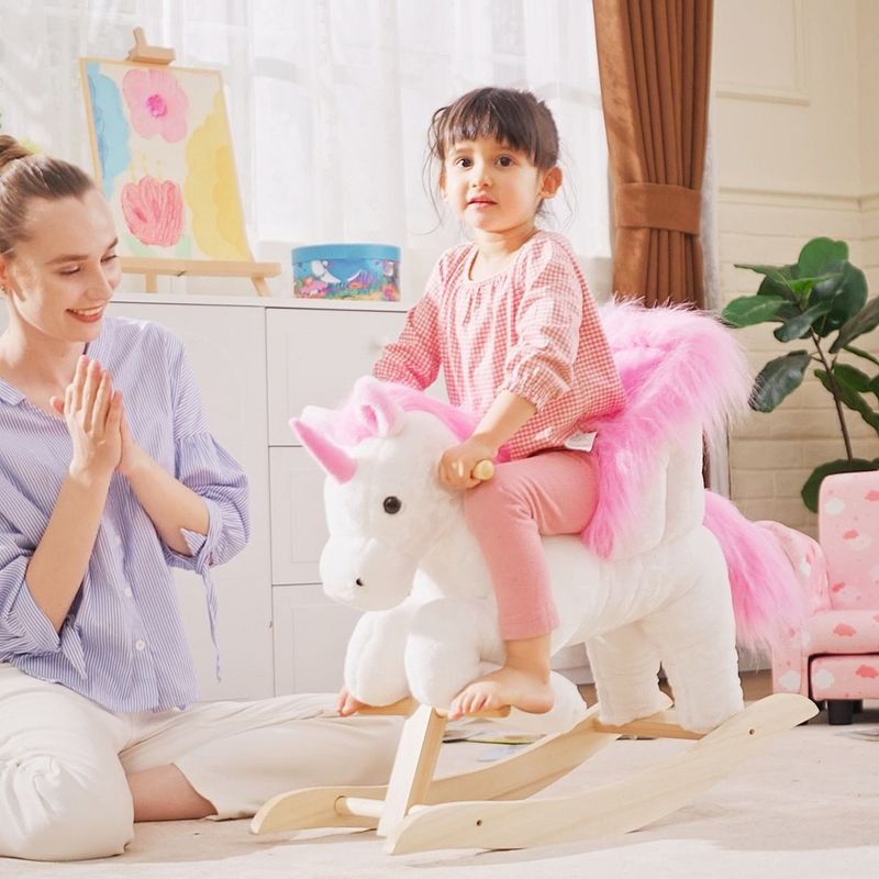 Qaba Kids Rocking Horse, Wooden Plush Ride-On Unicorn Chair Toy with Lullby Song for 18-36 months children