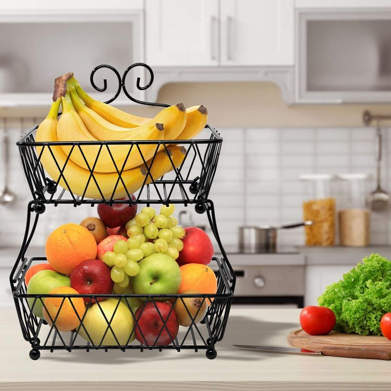 2-Tier Fruit Bread Basket Display Stand, Counter Storage for Kitchen, Bathroom, Rectangular Antique Metal