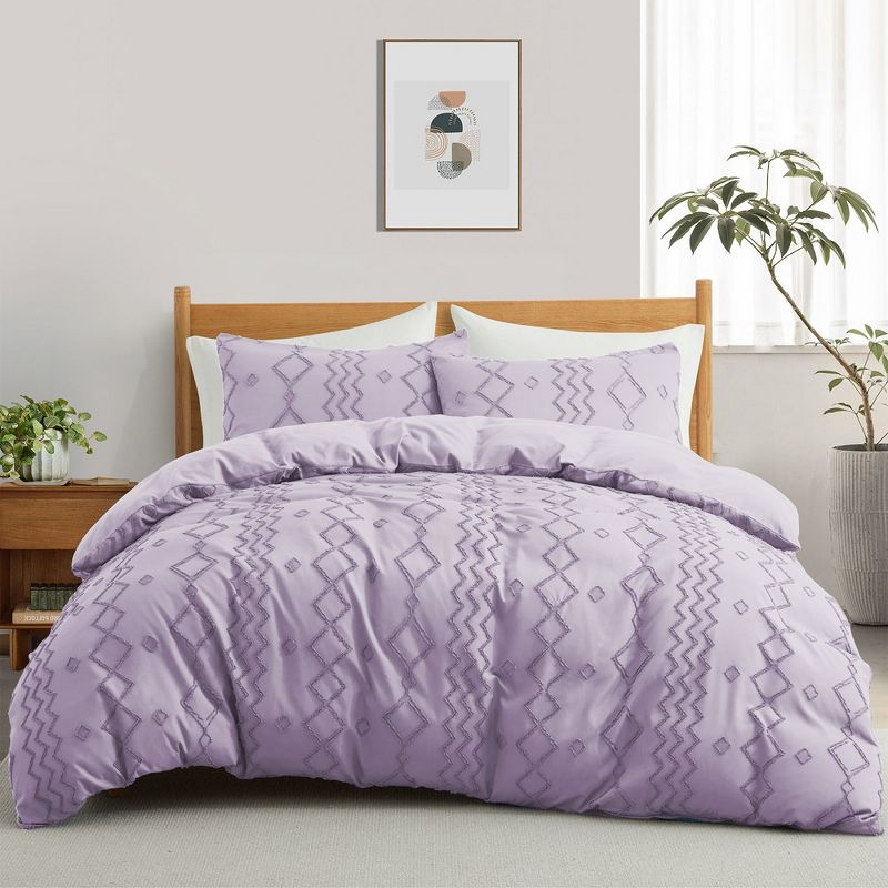 Peace Nest Tufted Clipped Jacquard Geometric Duvet Cover & Pillowcase Set, Diamonds Purple, Twin, 68"x90"