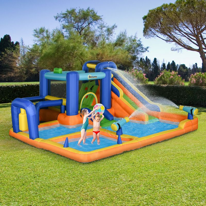Outsunny 7 in 1 Water Slide with Slide, Pool, Climbing Wall, Water Cannon, Basketball Hoop, Boxing Post, Football Stand for 3-8 Years Old Kids